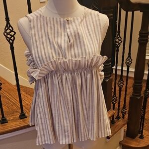 Sleeveless Cream and Light Blue Striped Ruffle Peplum TankNWT